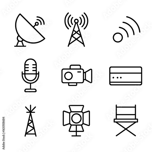 TV Broadcasting Icons. Outline icon set of TV broadcasting: satellite dish, broadcast tower, signal waves,