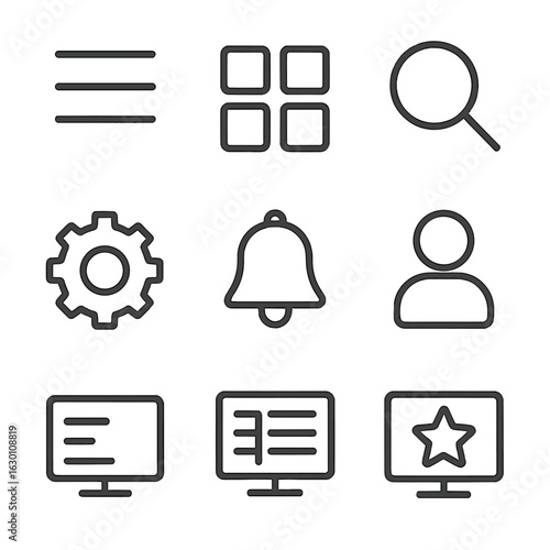 TV Interface Icons. Outline icon set of TV interfaces: menu, grid layout, search icon, settings cog,