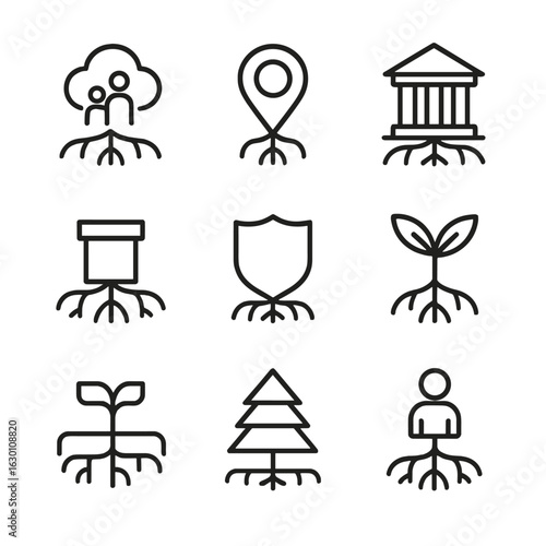 Root Symbolism Icons. Outline icon set of root symbolism: family roots, cultural roots, origin, foundation, heritage, growth,