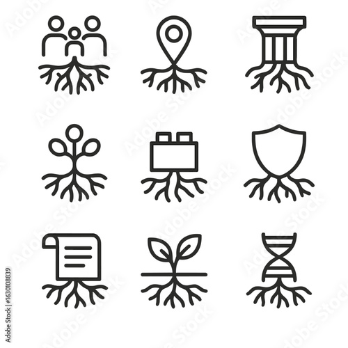 Root Symbolism Icons. Outline icon set of root symbolism: family roots, cultural roots, origin, foundation, heritage, growth,