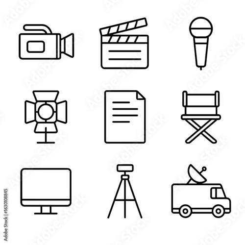 TV Production Icons. Outline icon set of TV production: camera, clapperboard, microphone, studio light, script