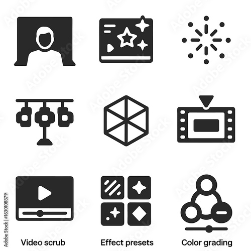 TV Production Tools Icons. Solid, filled icons set of TV visual production: chroma key setup, animated