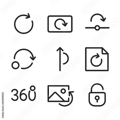 Rotation Controls Icons. Outline icon set of UI rotation controls: rotate icon, rotate button, rotation slider, reset rotation,