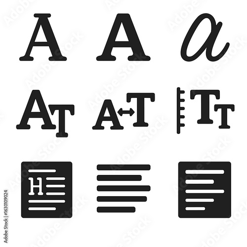 Typography Icon Grid. Solid, filled icons set of typography in branding: serif font, sans-serif font, script