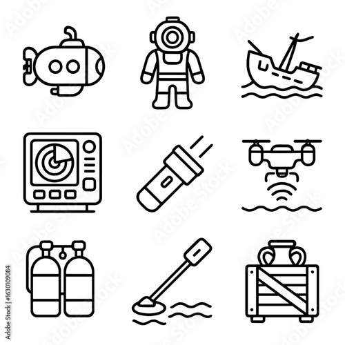 Underwater Exploration Icons. Outline icon set of underwater exploration: submarine, diving suit, shipwreck