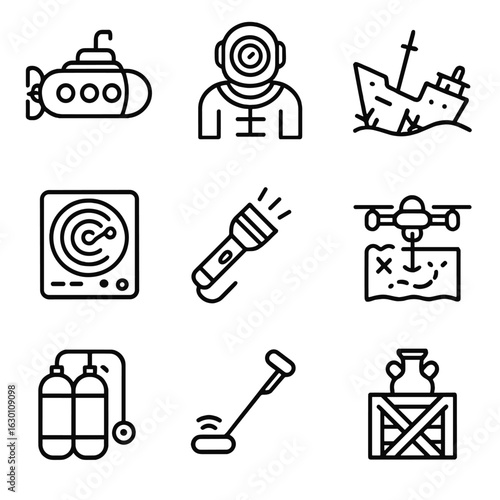 Underwater Exploration Icons. Outline icon set of underwater exploration: submarine, diving suit, shipwreck