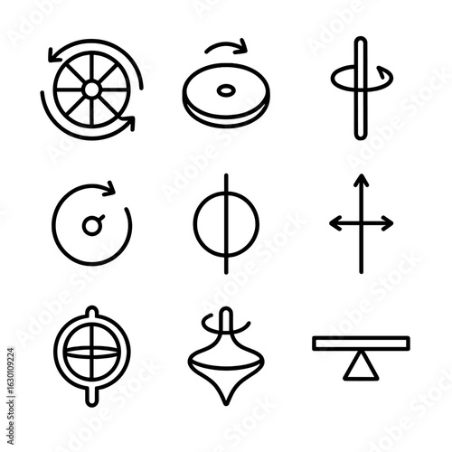Rotational Inertia Icons. Outline icon set of rotational inertia: spinning wheel, rotating disc, torque, angular velocity, moment