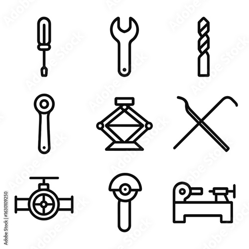Rotational Tools Icons. Outline icon set of rotational tools: screwdriver, wrench, drill bit, ratchet, jack, crowbar, valve,