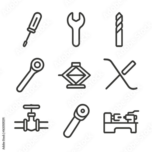 Rotational Tools Icons. Outline icon set of rotational tools: screwdriver, wrench, drill bit, ratchet, jack, crowbar, valve,