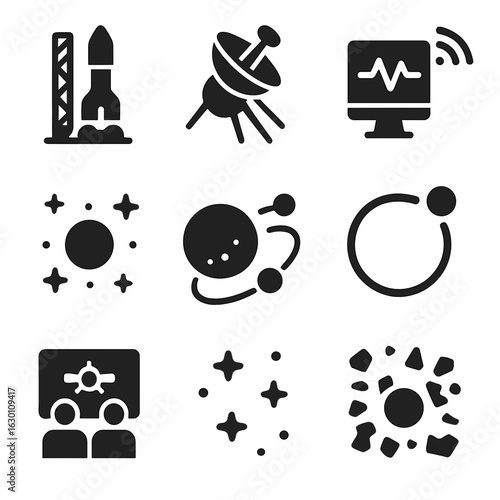 Unmanned Space Icons. Solid, filled icons set of unmanned space missions: launch pad, space probe, telemetry,