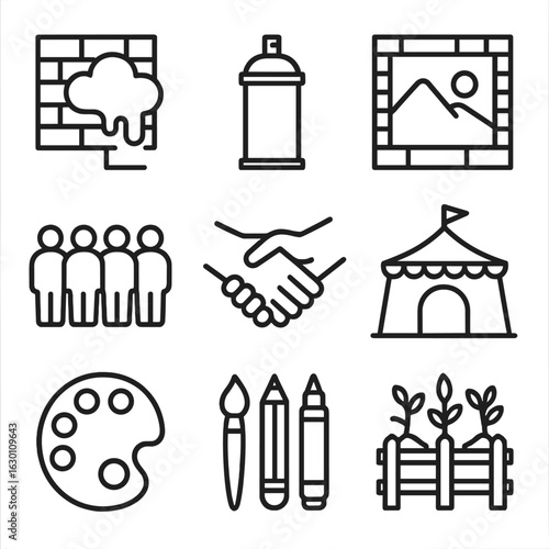 Urban Art Icons. Outline icon set of urban art and neighborhood: street art, spray can, mural wall, crowd,