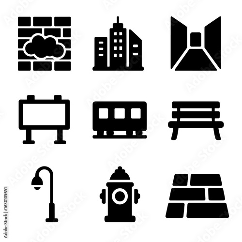 Urban Art Icons. Solid, filled icons set of urban art elements: graffiti wall, city skyline, alleyway,
