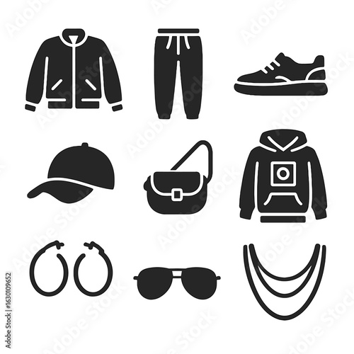 Urban Chic Fashion Icons. Solid, filled icons set of urban chic clothing: bomber jacket, jogger pants,