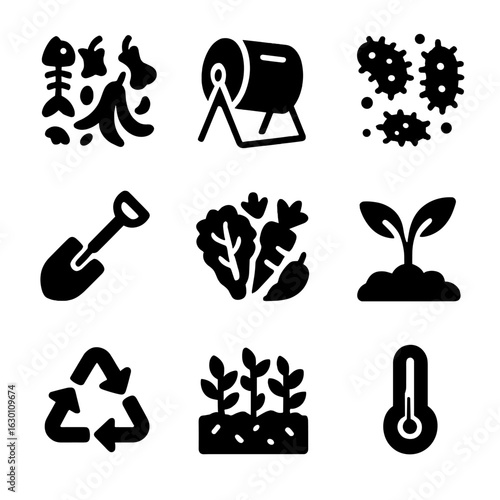 Urban Compost Icons. Solid, filled icons set of urban composting process: food waste, compost tumbler,