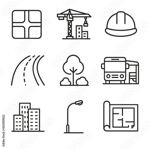 Urban Development Icons. Outline icon set of urban area growth: city blocks, cranes, construction helmets,