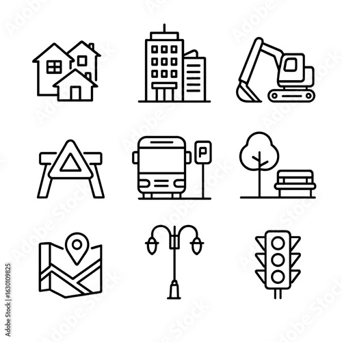 Urban Development Icons. Outline icon set of metropolitan development: residential zones, office buildings,