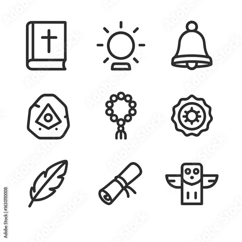 Sacred Artifacts Icons. Outline icon set of sacred artifacts: ancient book, glowing orb, sacred bell, engraved stone, prayer beads