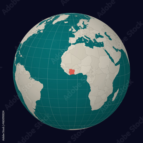 Cote d'Ivoire on the map. Globe centered to Cote d'Ivoire. Country location on the world map. Teal Pale Mint color palette. Globe with countries, meridians and parallels. Classy vector illustration.