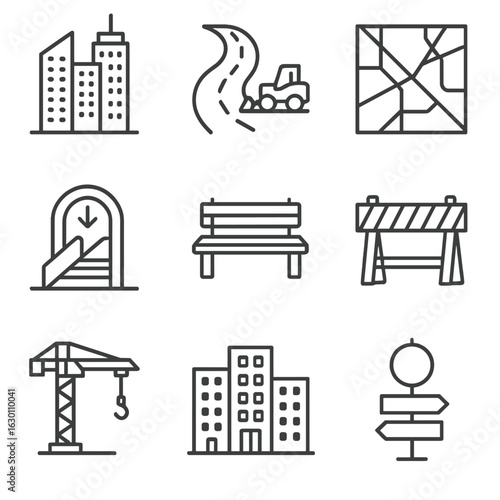 Urban Expansion Icons. Outline icon set of metropolitan expansion: skyscraper outlines, road construction,