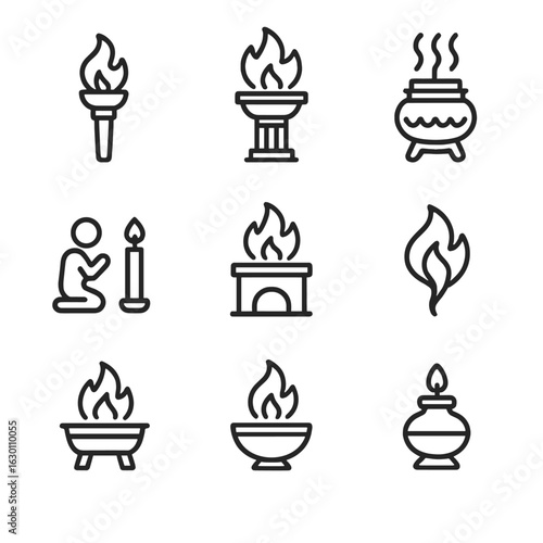 Sacred Flame Icons. Outline icon set of ritual flames: ceremonial torch, temple flame, incense burner, candlelight prayer, altar