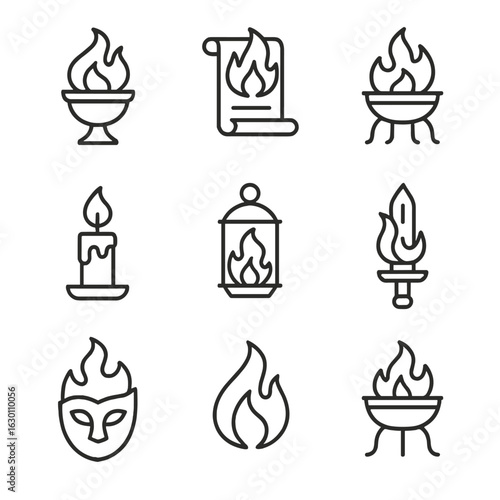 Sacred Flame Icons. Outline icon set of sacred objects with flames: fire chalice, burning scroll, sacred brazier, holy candle,