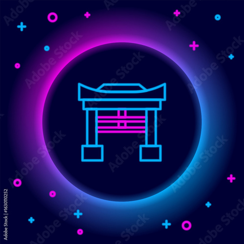 Glowing neon line Japan Gate icon isolated on black background. Torii gate sign. Japanese traditional classic gate symbol. Colorful outline concept. Vector