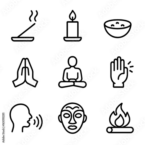 Sacred Ritual Icons. Outline icon set of sacred rituals: incense, candle, offering bowl, prayer hands, meditation pose, sacred