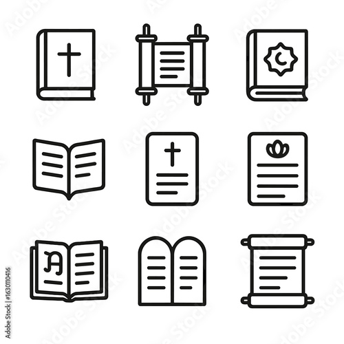 Sacred Text Icons. Outline icon set of sacred texts: bible, torah scroll, quran, sutra book, prayer card, mantra sheet,