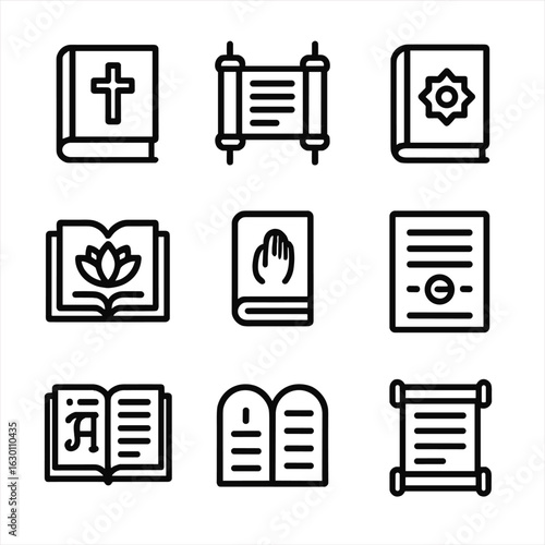 Sacred Text Icons. Outline icon set of sacred texts: bible, torah scroll, quran, sutra book, prayer card, mantra sheet,