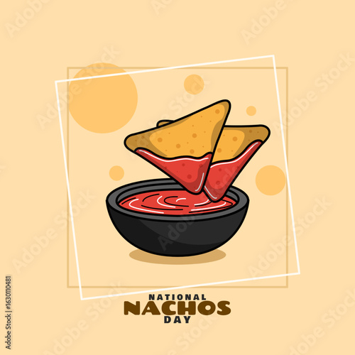 National Nachos Day to celebrate on November 6th. A nacho chip dipped in a bowl of red sauce. Snack event banner.