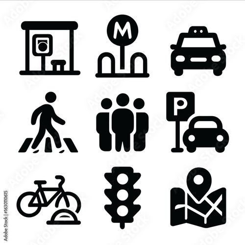 Urban Transport Icons. Solid, filled icons set of urban proximity and transport: bus stop, metro entrance,
