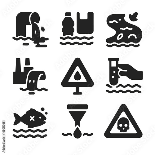 Urban Water Pollution Icons. Solid, filled icons set of urban water pollution: sewage outlet, plastic waste,
