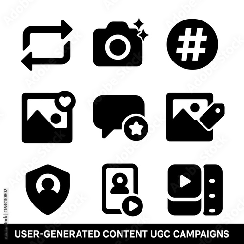 User Content Icons. Solid, filled icons set of user-generated content campaigns: repost icon, camera with