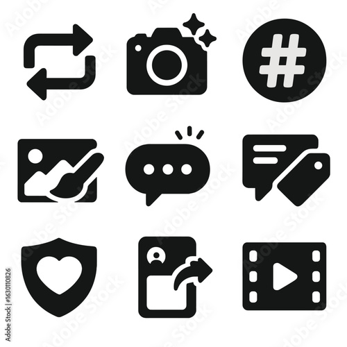 User Content Icons. Solid, filled icons set of user-generated content campaigns: repost icon, camera with