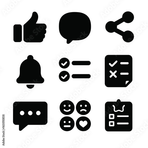 User Engagement Icons Grid. Solid, filled icons set of user engagement tools: like button, comment bubble,