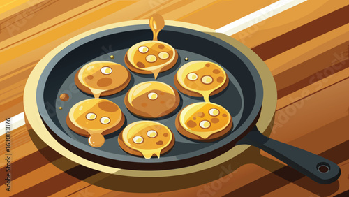 A pan filled with small pancakes drizzled with syrup on a wooden surface in a warm light setting