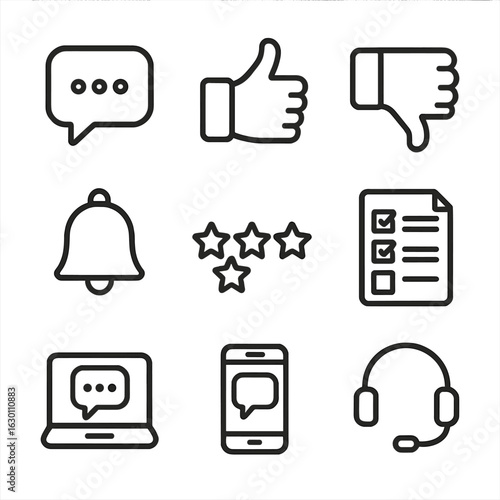User Feedback Icons Set. Outline icon set of user feedback interaction: chat bubble, thumbs up, thumbs down,