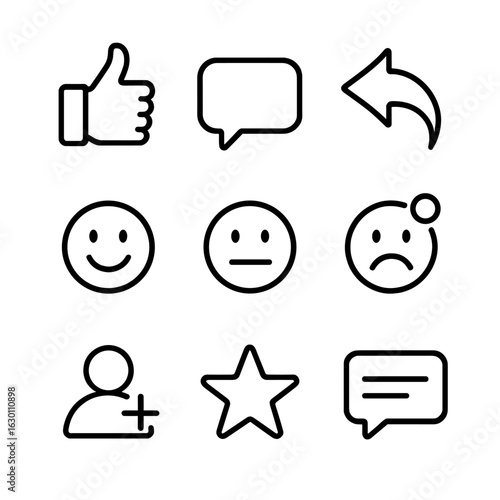 User Interaction Icons. Outline icon set of user interaction symbols: thumbs up, speech bubble, reply arrow,