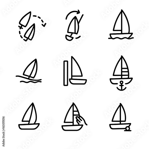 Sailing Maneuvers Icons. Outline icon set of sailing maneuvers: tacking, jibing, reefing, heeling, docking, anchoring, mooring,