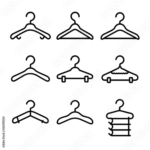 Variety of Hangers. Outline icon set of types of hangers: plastic hanger, metal hanger, wooden hanger, velvet