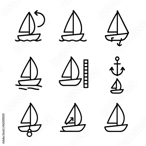 Sailing Maneuvers Icons. Outline icon set of sailing maneuvers: tacking, jibing, reefing, heeling, docking, anchoring, mooring,