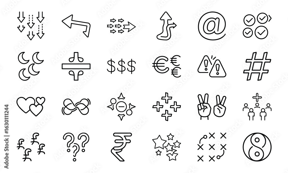Fototapeta premium Minimalist Black Line Symbol Icons Bundle – Currency, Arrows, Social, Love, Checkmarks, Peace, Hashtag, Moon, Star, Plus Minus, People & Abstract Shapes in Silhouettes Style on White Background
