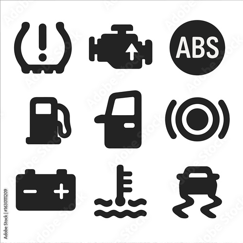 Vehicle Dashboard Icons. Solid, filled icons set of Vehicle dashboard warnings: tire pressure monitor, engine