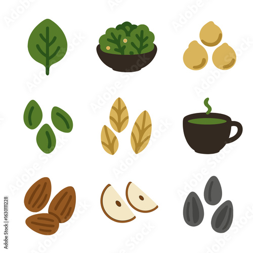 Vegetarian Food Icons. Solid, filled icons set of vegetarian meditation foods: spinach, kale salad, chickpeas,
