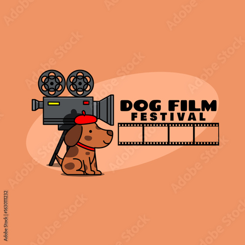Dog Film Festival to celebrate on November 6th. Illustration of a dog as a director with a camera on an orange background. Animal event banner.