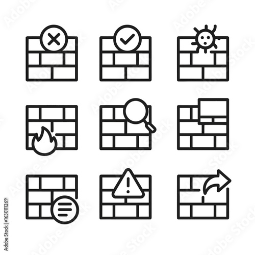 Firewall Icon Set. Outline icon set of firewall actions: block, allow, quarantine, inspect, monitor, log, alert, bypass, reset.