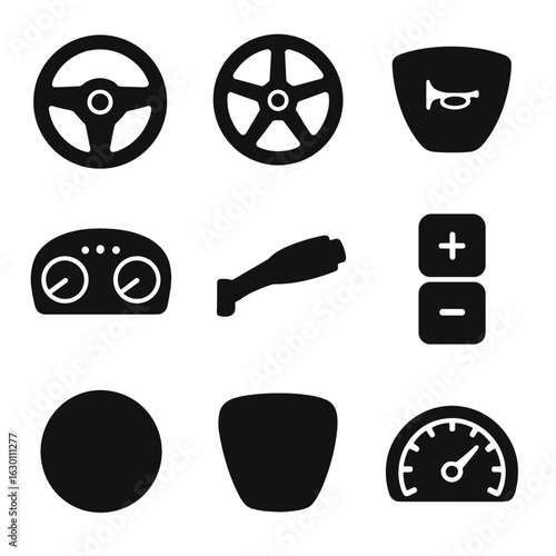 Vehicle Steering Icons. Solid, filled icons set of Vehicle steering system: steering wheel, wheel spokes, horn