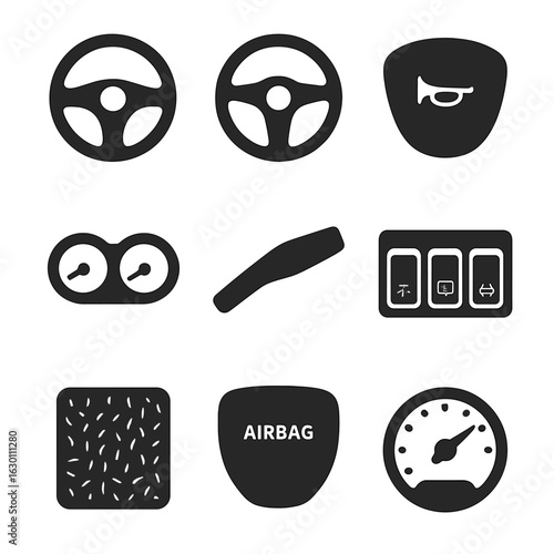 Vehicle Steering Icons. Solid, filled icons set of Vehicle steering system: steering wheel, wheel spokes, horn