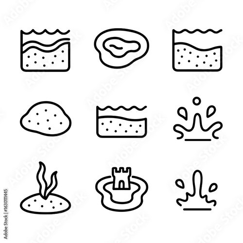 Sand and Water Icons. Outline icon set of sand and water interaction: waves washing sand, tide pool, wet sand, dry sand, sandbar,