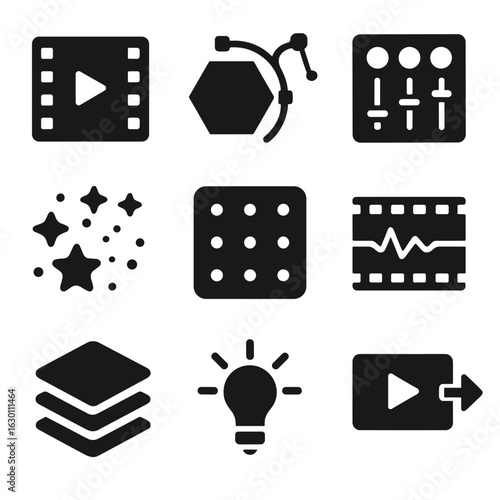 VFX Pipeline Icons. Solid, filled icons set of VFX production pipeline: footage clip, rotoscope tool, color